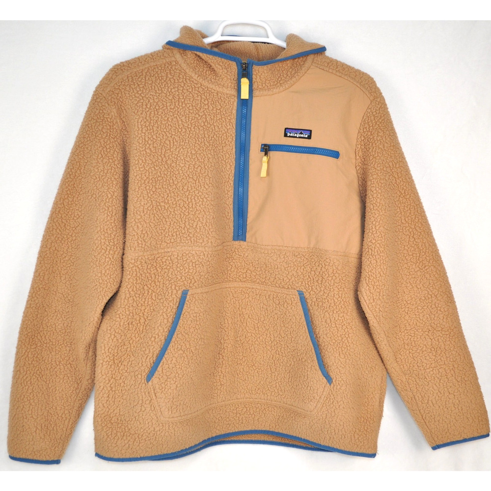 Patagonia Retro Pyle Pullover Hoody Mens XL Beige Blue Sherpa Fleece Jacket